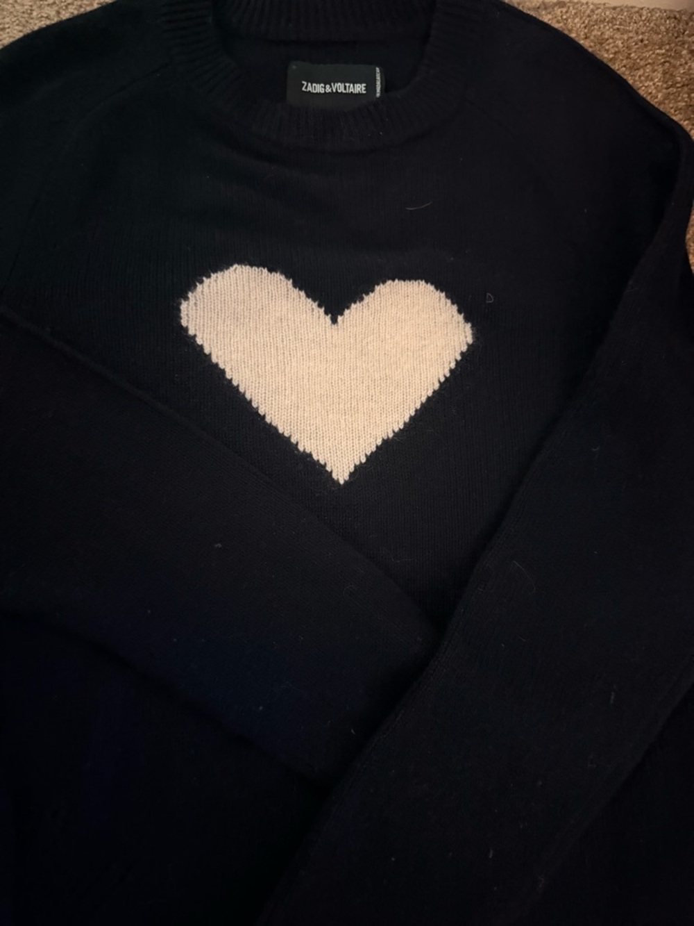 Zadig & Voltaire Black Cashmere White Heart Crewneck Sweater Small Lili